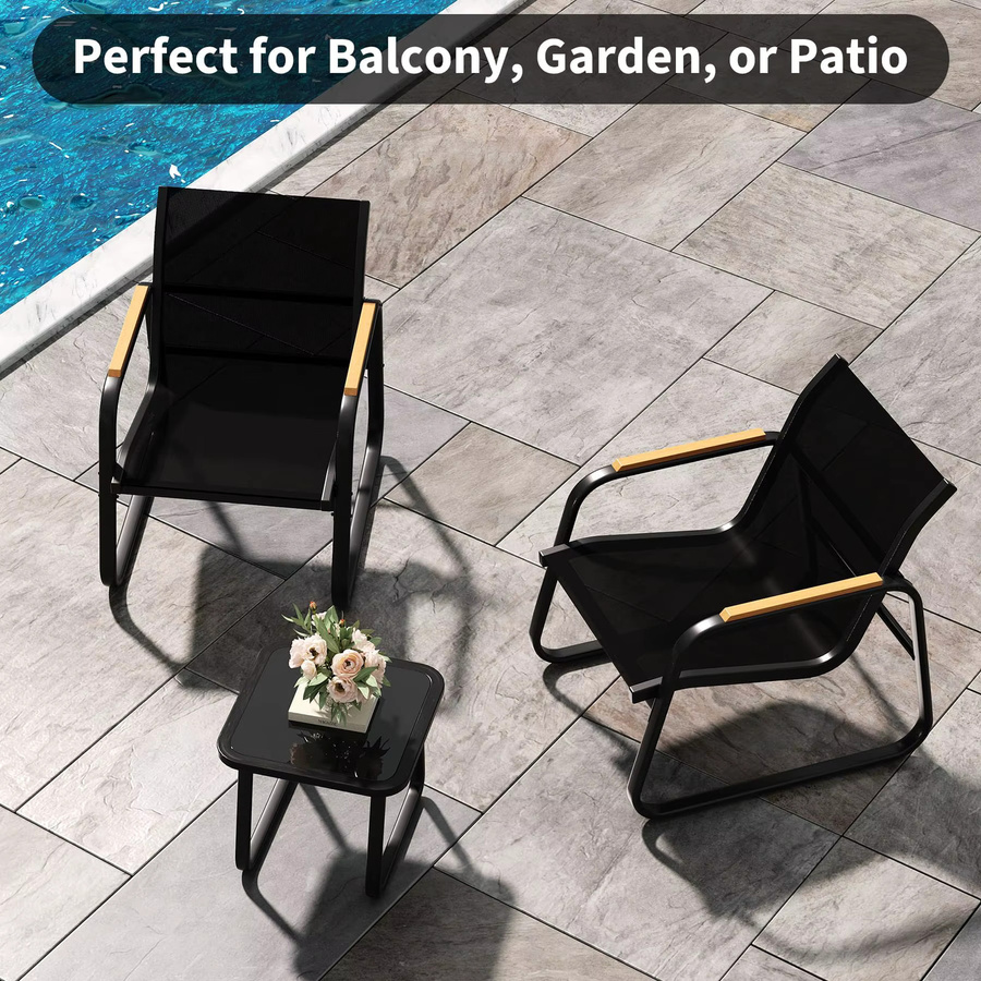 Studyset 3-teiliges Outdoor-Bistro-Set in Schwarz mit Glas-Beistelltisch und 2 Netz-Armlehnstühlen aus pulverbeschichtetem Stahl für Garten, Balkon und Terrasse - Bild 5
