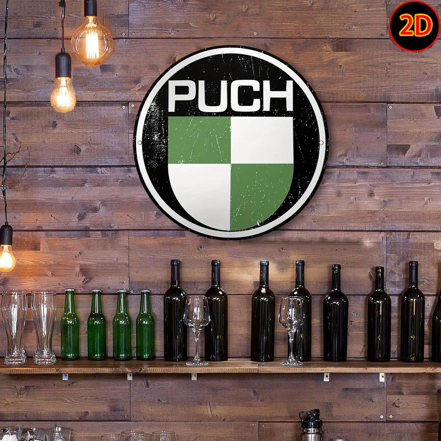 Potdemiel Vintage Metallschild PUCH rund mit grün-weiß kariertem Design aus Aluminium - Bild 5
