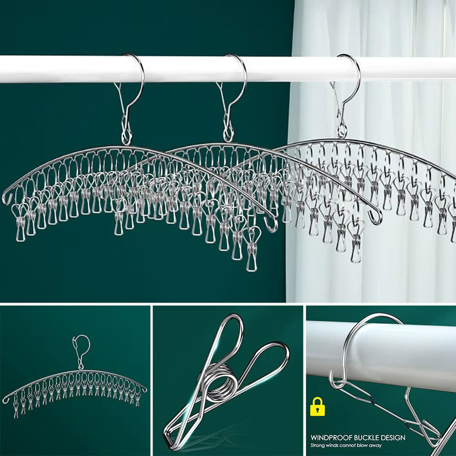 Winddichter Wäscheständer aus Edelstahl in Silber mit 10 Clips für Socken und Unterwäsche - Bild 2