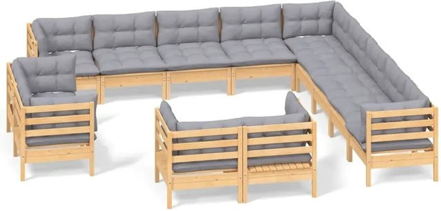 vidaXL 13-tlg. Garten-Lounge-Set aus massivem Kiefernholz mit grauen Polstern - Bild 1