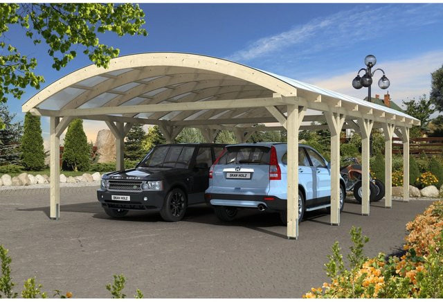 Skan Holz Carport Franken Bogendach aus Fichte Leimholz mit Doppelstegplatten aus Polycarbonat, Farbe: beige, B/T: 635 x 969 cm, Höhe: 308 cm - Bild 1