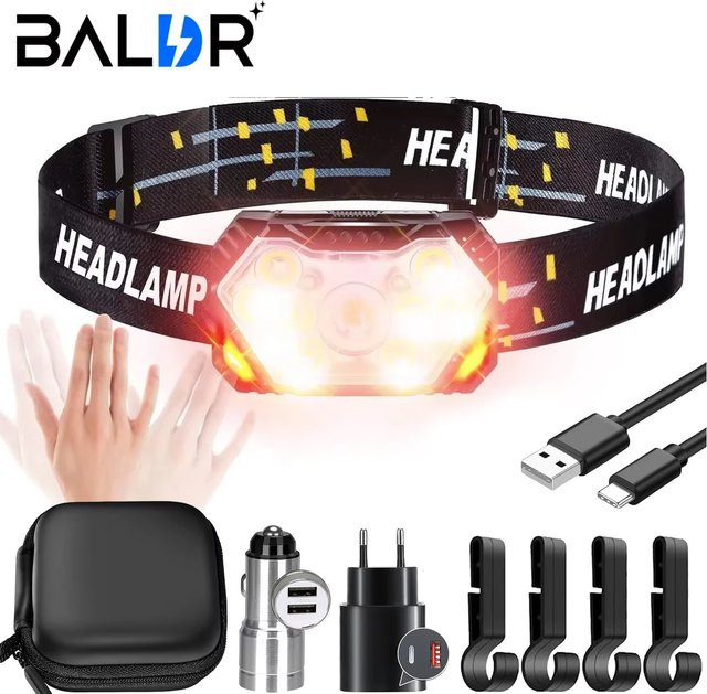 BALDR LED Stirnlampe mit COB-Starklicht, intelligentem Bewegungssensor und Rotlicht-Warnfunktion, USB-aufladbar, Schwarz - Bild 1