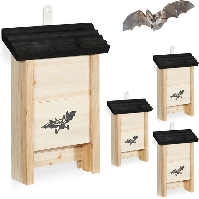 Relaxdays Fledermauskasten aus Tannenholz und Metall in Schwarz, 4er Set, B: 25 cm, T: 18 cm, H: 6 cm - Bild 1