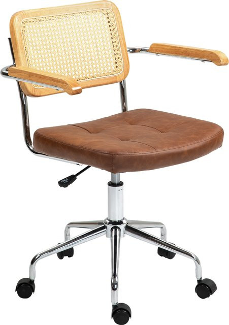 HOMCOM Bürostuhl Drehstuhl in Braun mit Armlehnen und Rollen, höhenverstellbar und kippbar, Mid-Century Design aus Kunstleder und Gummiholz - Bild 1