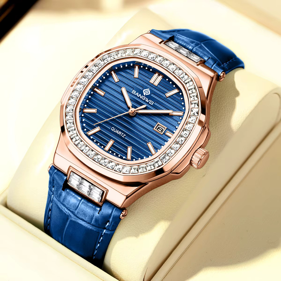 BANGWEI Chronograph Armbanduhr, Leder, Quarz, Eckig, Damen, Blau, Roségold - Bild 2