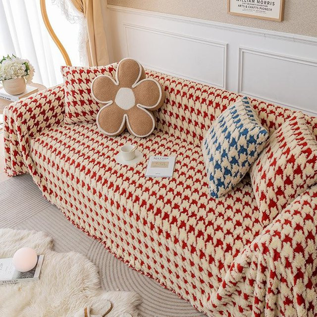 Super Six Sofaüberwurf aus Plüsch mit Hahnentritt-Muster in Rot, B/T: 180 x 130 cm - Bild 1