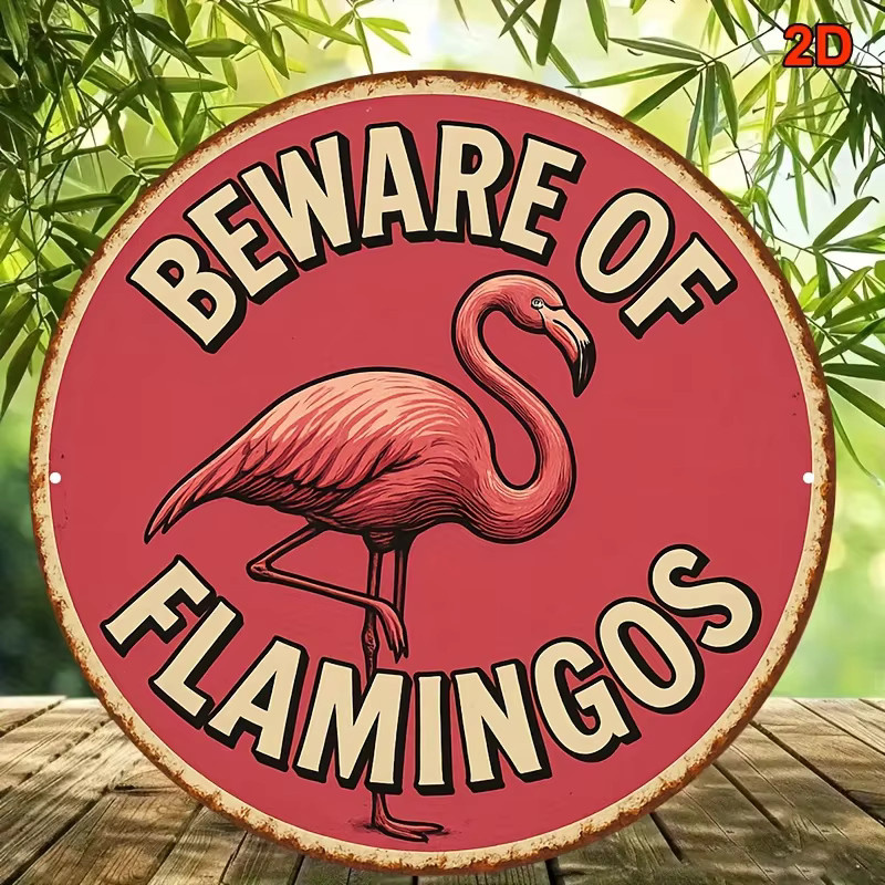 Potdemiel Vintage Aluminiumschild Beware of Flamingos rund, Farbe: Pink, Durchmesser: 20,3 cm - Bild 3