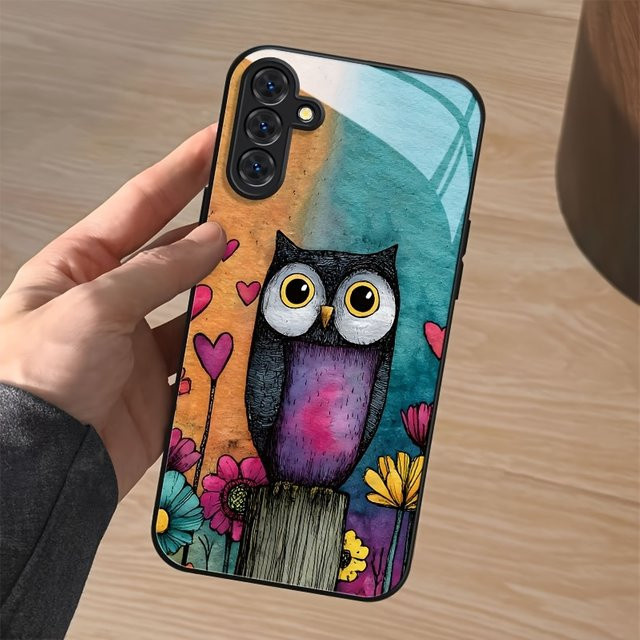 Owl Frog Art Luxus-Handyhülle mit Glas und schwarzem Rahmen für Samsung Galaxy S26 S25 S24 S23 S22 S21 und weitere Modelle, Multicolour - Bild 1