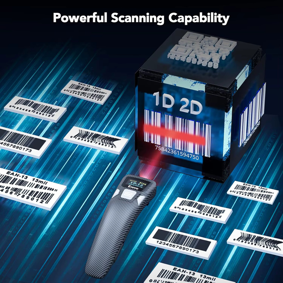 EYOYO Tragbarer Bluetooth Handheld Barcode-Scanner für 1D und 2D QR-Codes mit Digitalanzeige in Schwarz - Bild 2