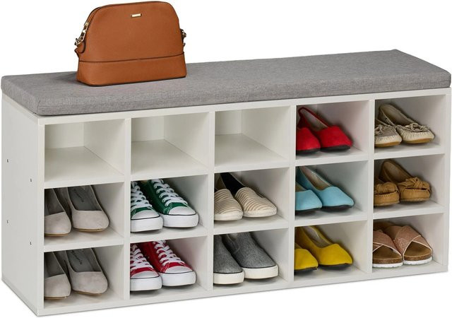 Relaxdays Schuhbank mit 15 Fächern aus Holzwerkstoff, Weiß, gepolstert, B/T/H: 105 x 30 x 48 cm - Bild 1