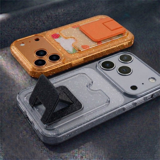 Glitzer Handyhülle mit Kartenhalter und Fototasche für iPhone 16 15 14 13 Pro Max Plus, Transparent Orange - Bild 1