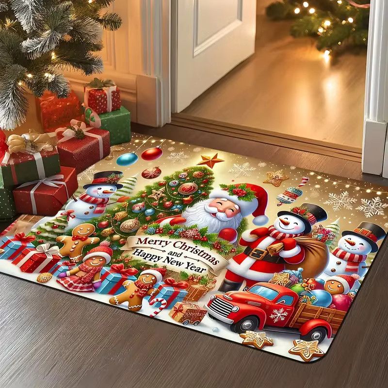 VIKAMA Weihnachts-Bodenmatte aus Flanell mit Weihnachtsmann, Schneemann und Rentier-Design in Multicolor, maschinenwaschbarer Druckteppich für Wohnzimmer, Flur oder Badezimmer - Bild 4