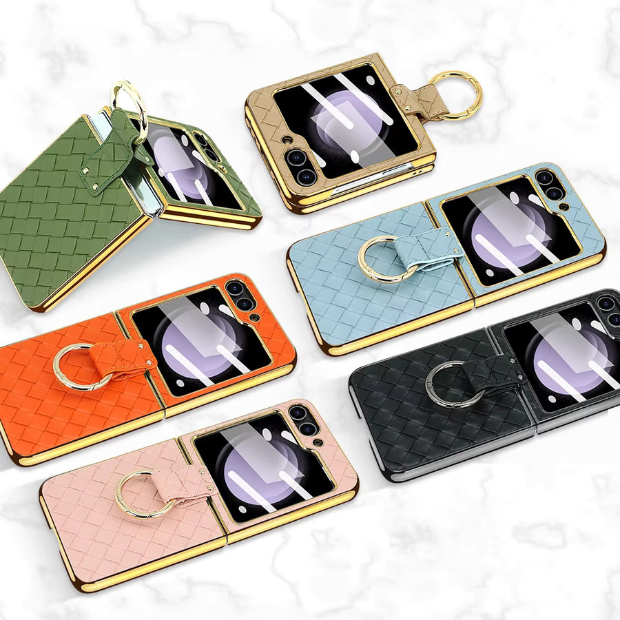 Stoßfeste Handyhülle aus PU-Leder mit gewebtem Muster und Glasfrontfolie für Samsung Galaxy Z Flip7, Z Flip6, Z Flip5, Z Flip4, Z Flip3 in Braun mit Fingerringhalterung - Bild 4