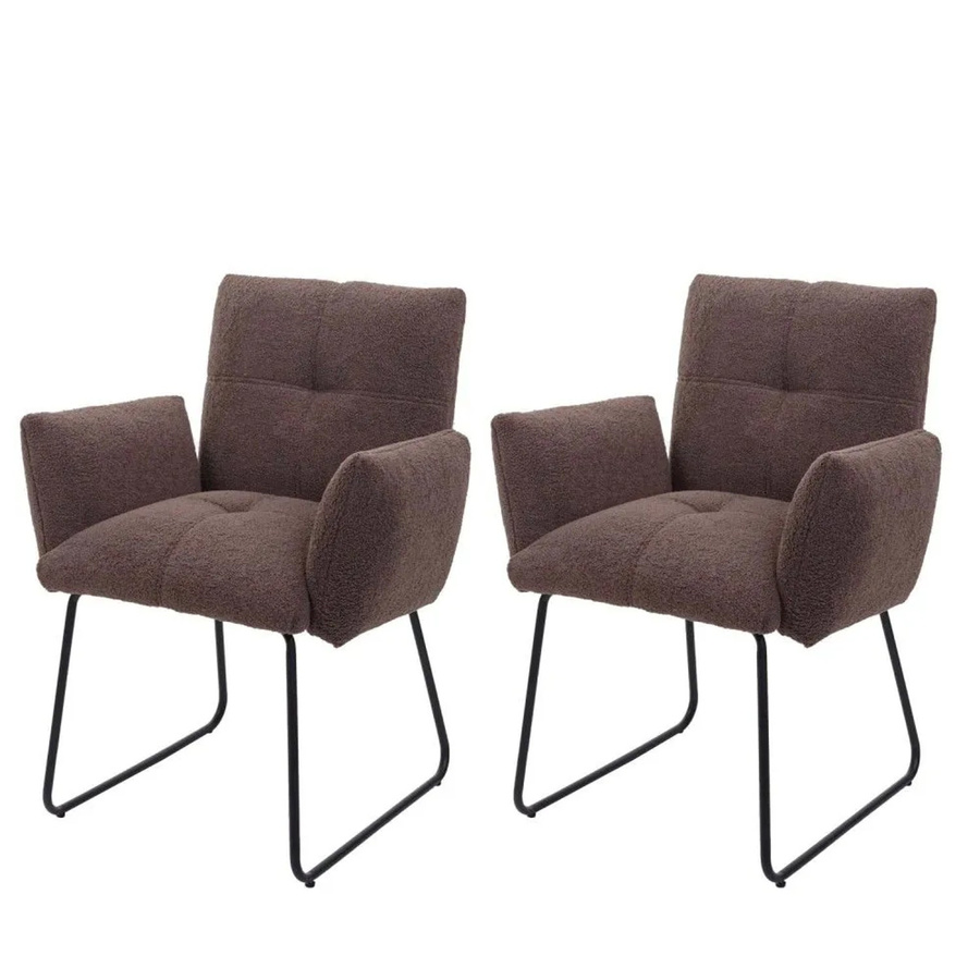 2er-Set MCW Esszimmerstuhl K34 mit Armlehnen aus braunem Bouclé Stoff und Metall im Lounge-Stil - Bild 3