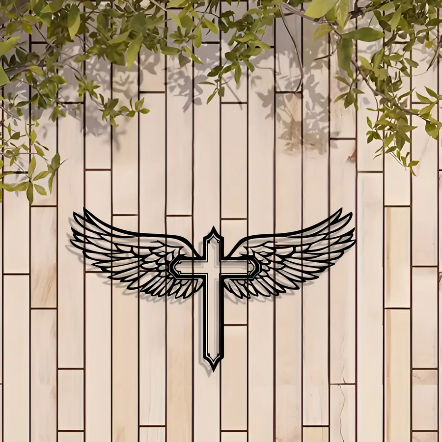 CIFBUY Wandkunst Engelsflügel Kreuz aus Metall in Schwarz als religiöse Dekoration für dein Zuhause - Bild 2