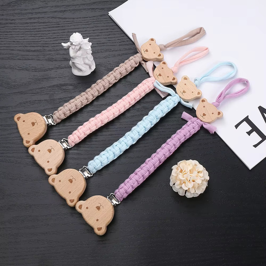 Baby Schnuller Kette aus Buche Holz und Baumwolle mit Tier-Motiv als Beißspielzeug und Halter für den Schnuller - Bild 3