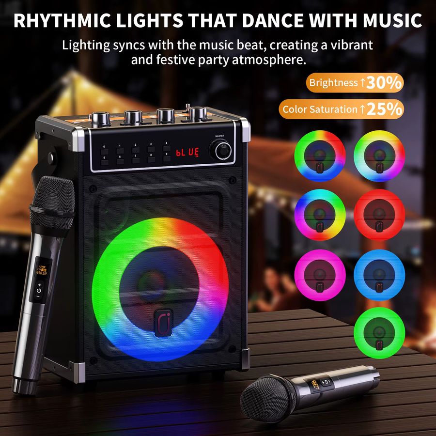JYX 69 Karaoke-Maschine in Schwarz mit 2 UHF Drahtlosen Mikrofonen, Bluetooth-Lautsprecher mit Bass-, Höhen- und Echo-Einstellung sowie LED-Licht - Bild 5