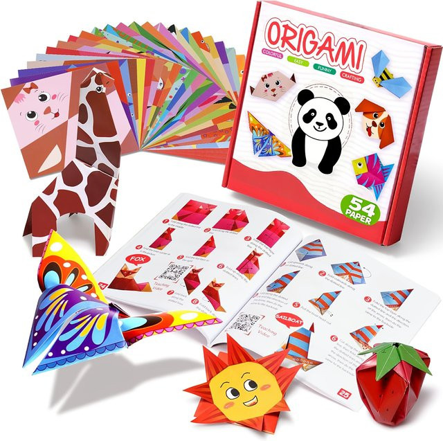 Buntes Origami-Set mit 54 Blatt doppelseitigem Bastelpapier und Anleitungsheft in Mehrfarbig - Bild 1