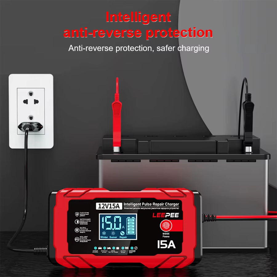 Intelligentes 12V 15A Blei-Säure Smart Batterie Ladegerät mit Puls-Reparaturfunktion für Auto und Motorrad in Rot - Bild 2