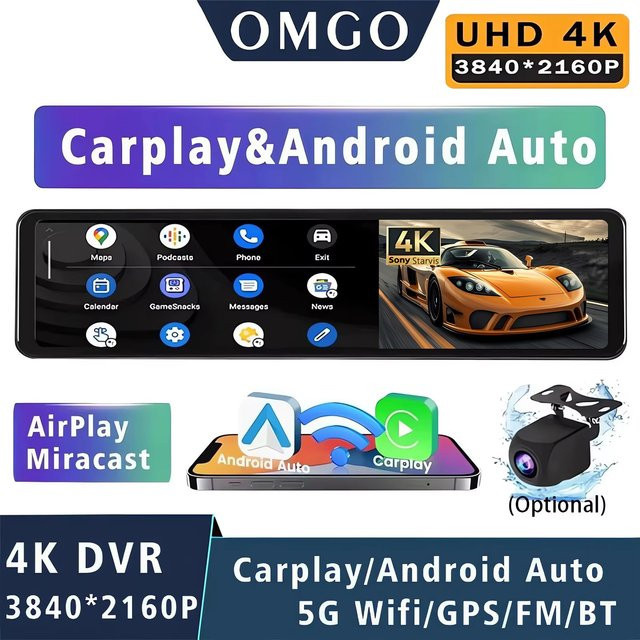 OMGO 4K Dashcam mit 11,26 Zoll Display, Dual-Objektiv, Carplay, Android Auto, 5G WLAN, GPS und Bluetooth, Schwarz - Bild 1