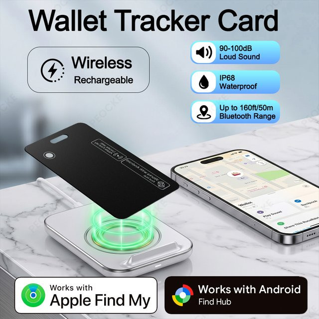 Peocke Ultradünner Wallet-Tracker Bluetooth Smart Anti-Lost Tag in Schwarz, wiederaufladbar, kompatibel mit Apple Find My und Google Find Hub - Bild 1
