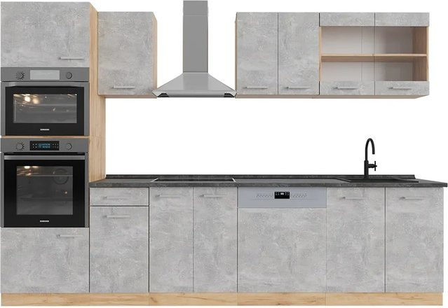Vicco R-Line Küchenzeile Beton Goldkraft Eiche und Anthrazit mit Hochschrank, Breite: 300 cm, Höhe: 207 cm, Tiefe: 60 cm - Bild 1