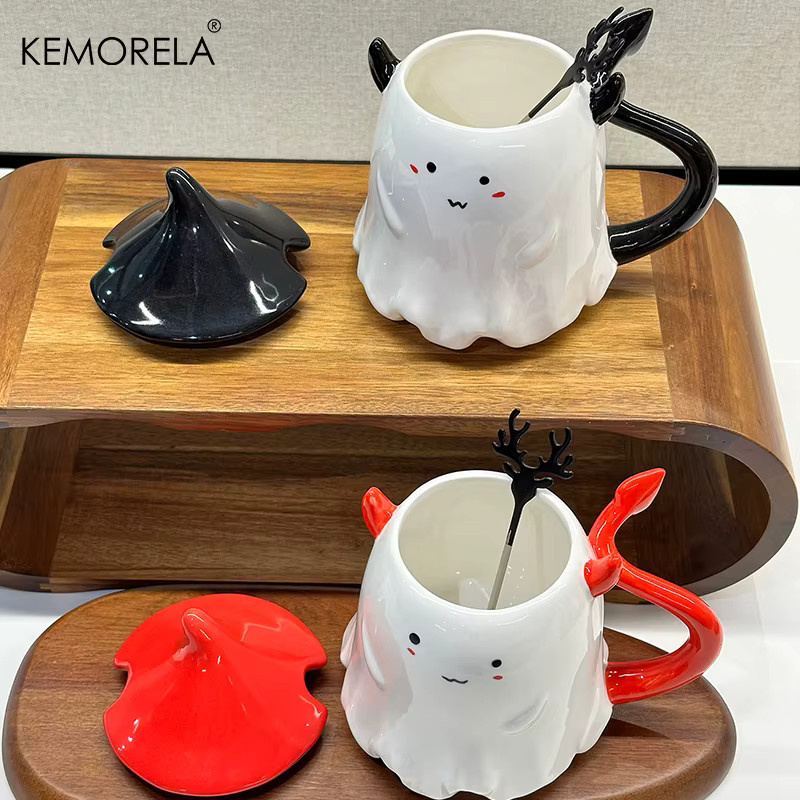 KEMORELA Keramik-Kaffeetasse mit Halloween-Motiv, Deckel und Löffel, 470 ml, Schwarz-Weiß - Bild 3