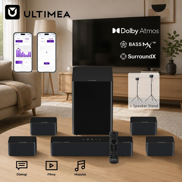 ULTIMEA 500W 7.1 Dolby Atmos Soundbar mit 4 Surround-Lautsprechern und kabellosem Subwoofer in Schwarz mit Bluetooth und HDMI eARC - Bild 1