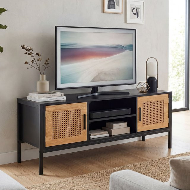 FineBuy Lowboard TV Schrank mit Wiener Geflecht in Schwarz und Eiche-Dekor, B: 110 cm, H: 48 cm, T: 40 cm - Bild 1