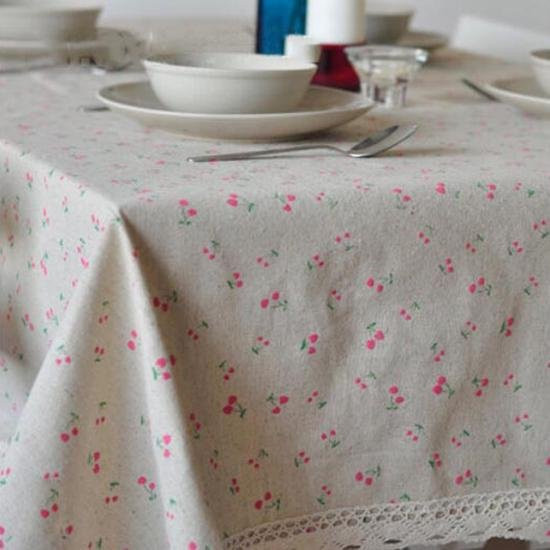 HSH Homeliving5 Tischdecke mit Gänseblümchen-Blumenmuster aus Leinen und Baumwolle mit Spitzenkante, rot/weiß, B: 140 cm, L: 250 cm - Bild 1
