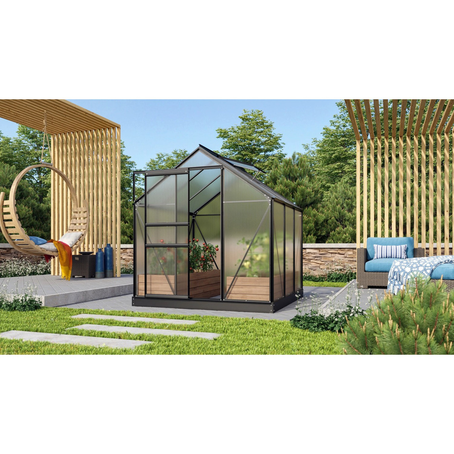 Vitavia Gewächshaus Venus 3800 mit Fundament und Regenrinnen, Schwarz, 3,8 m², Aluminium und Polycarbonat, Satteldach, freistehend - Bild 2