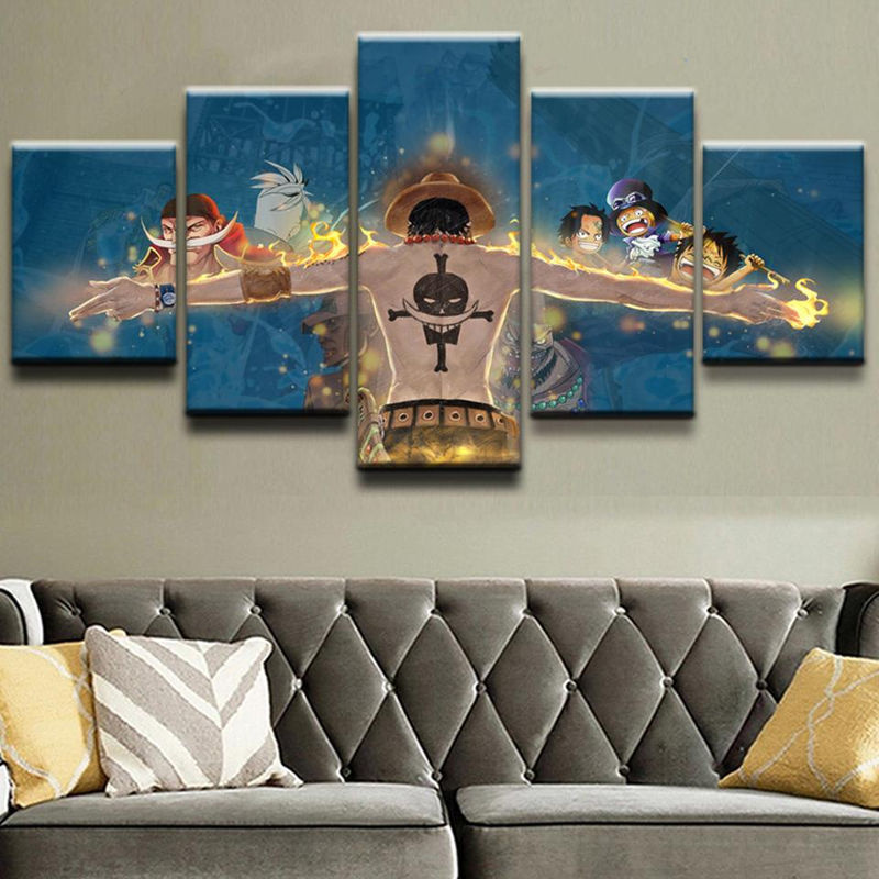 iaidegou-4 Anime Fire Fist Ace Wandkunst Set aus 5 Leinwandbildern, mehrfarbig, modern, Rahmenlos - Bild 2