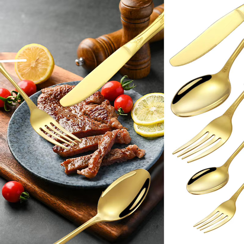 Huangting Besteckset aus Edelstahl in Gold, 30-teilig mit Steakmesser, Gabel, Löffel und Dessertbesteck - Bild 3