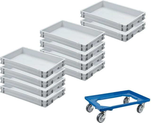 PROREGAL SparSet aus 10 Eurobehältern mit geschlossenem Griff und 1 Transportroller, Blau, H x B x T: 7,5 x 40 x 60 cm, 15 Liter Eurobox Transportbox - Bild 1