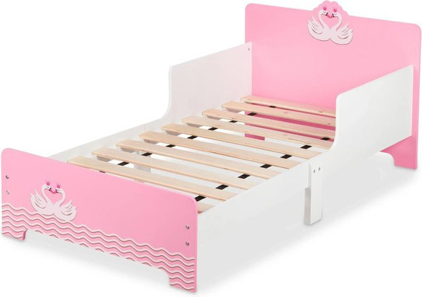 Relaxdays Kinderbett Schwan in Weiß und Rosa aus MDF Holz mit Rausfallschutz, B/T/H: 77 x 60 x 143 cm