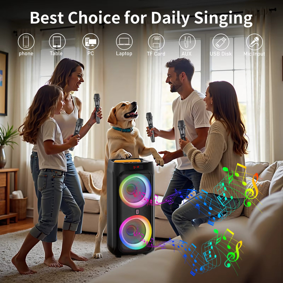 FanFun T9 Karaoke-Maschine mit 2 kabellosen Mikrofonen und Disco-Lichtern, tragbarer Bluetooth-Lautsprecher in Schwarz - Bild 6