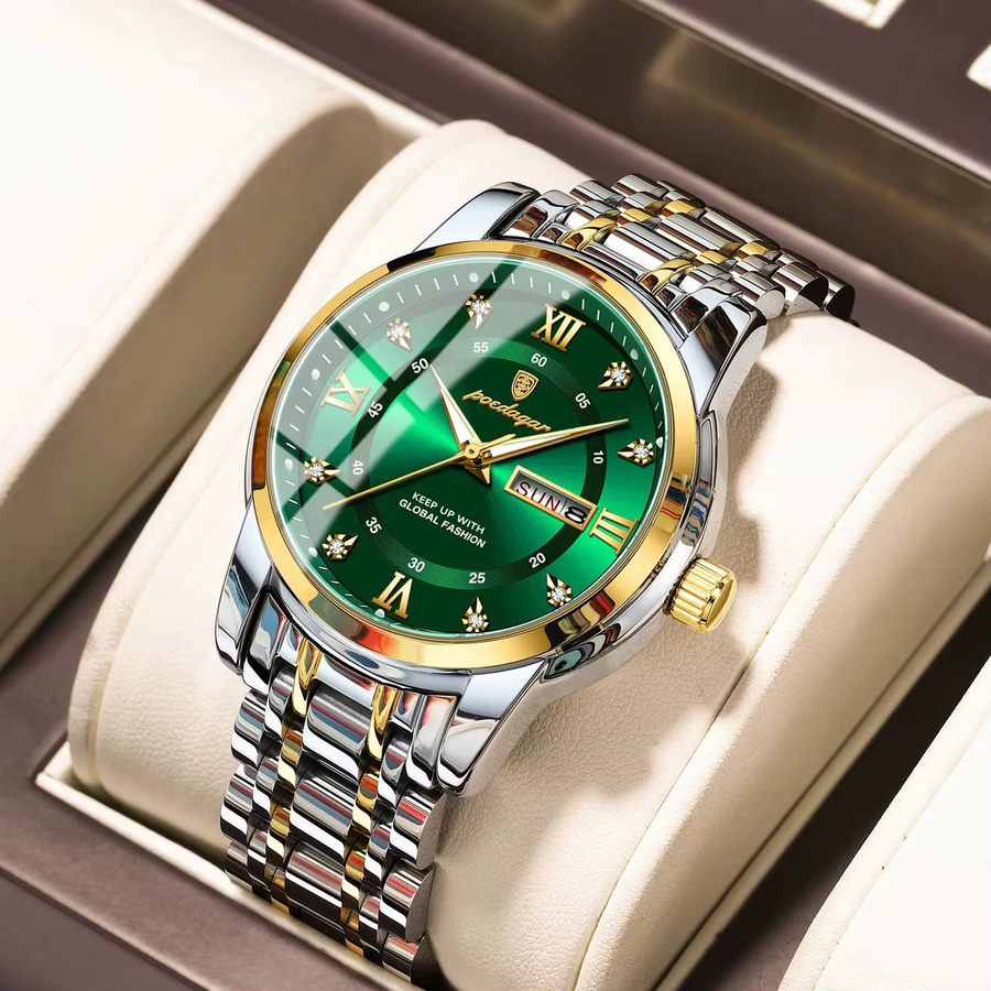 POEDAGAR Armbanduhr Edelstahl, Quarz, Silber, Grün, Herren - Bild 2