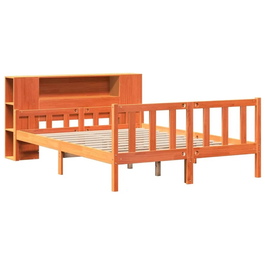 vidaXL Massivholzbett aus Kiefernholz mit Kopfteil und Regal in Braun, B/T/H: 150 x 200 cm - Bild 2