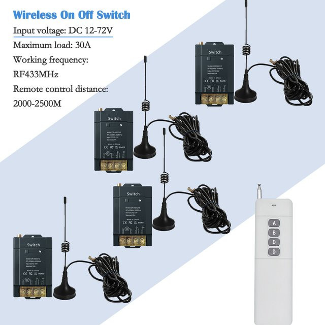 ColoRock Wireless RF433 Ein-Aus Fernbedienung mit 30A Hochleistung für 12-72V Gleichspannung, Reichweite 2000-2500m, Farbe: Weiß - Bild 1