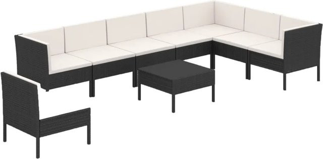 vidaXL 9-tlg Garten-Lounge-Set Modell 38 in U-Form aus Poly Rattan und pulverbeschichtetem Stahl, Schwarz mit Auflagen - Bild 1
