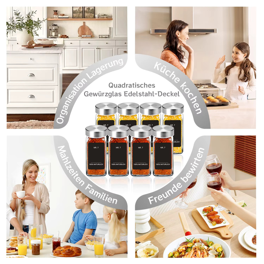 SIAZIH Gewürzglas-Set aus Glas mit Edelstahldeckel, quadratische Gewürzbehälter in Transparent, 35 Stück, Volumen: 120 ml pro Glas, inklusive Trichter und Etiketten - Bild 5