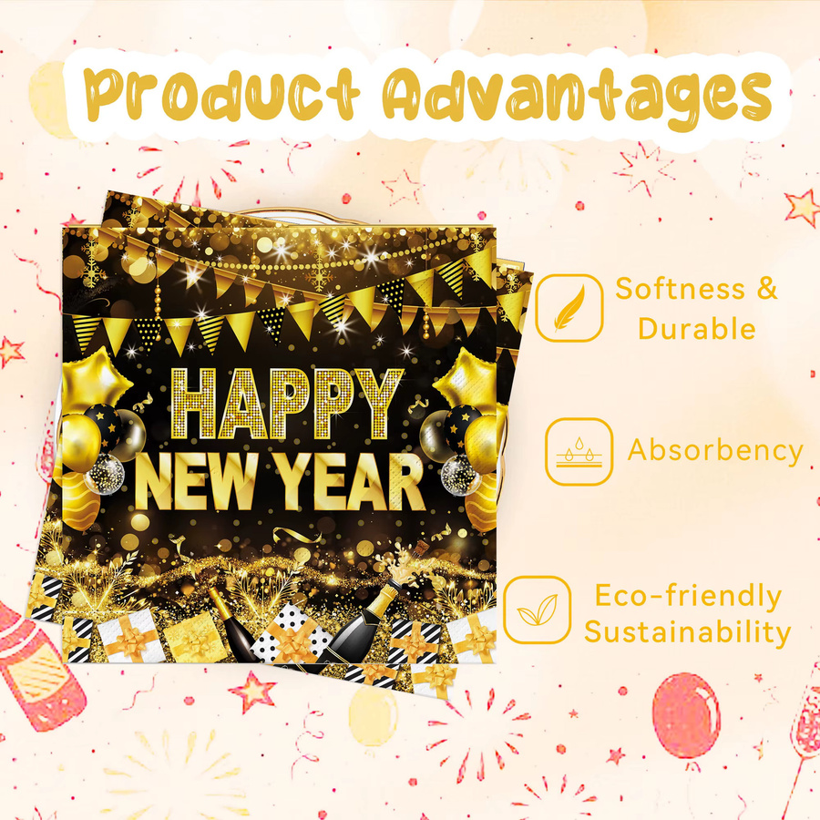 Schwarzgoldene Papierservietten Frohes Neues Jahr für deine Silvesterparty, 33 x 33 cm - Bild 2