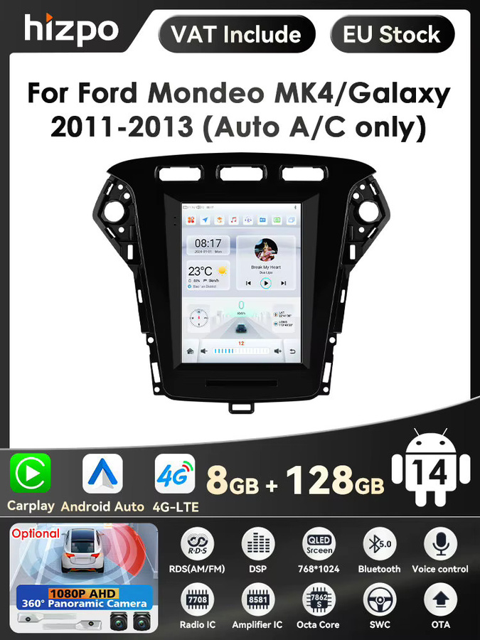 Hizpo Android Autoradio für Ford Mondeo MK4 und Galaxy 2011-2013 mit 9,7 Zoll Multimedia Video 2Din 4G Carplay Navigation Stereo in Schwarz - Bild 5