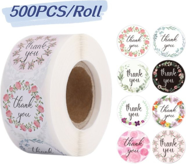 500 Stück Dankeschön-Aufkleber von BulingBulingStickers Store, runde Etiketten mit floralem Design in Mehrfarbig, ideal als Verschluss und Dekoration für Umschläge - Bild 1