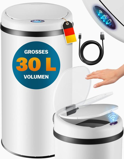 Sensor Mülleimer von MONZANA in Weiß aus Edelstahl mit 30L Fassungsvermögen - Bild 1