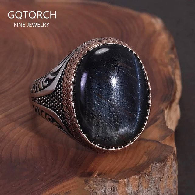 GQTorch Siegelring 925 Silber, blauer Tigerauge, Herren, Vintage - Bild 1