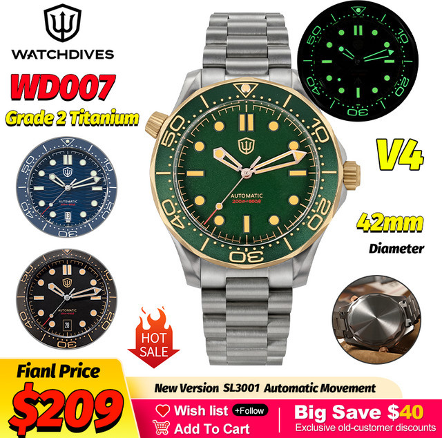 Watchdives Taucheruhr, Titan, Automatik, 42 mm, Blau, Herren - Bild 1