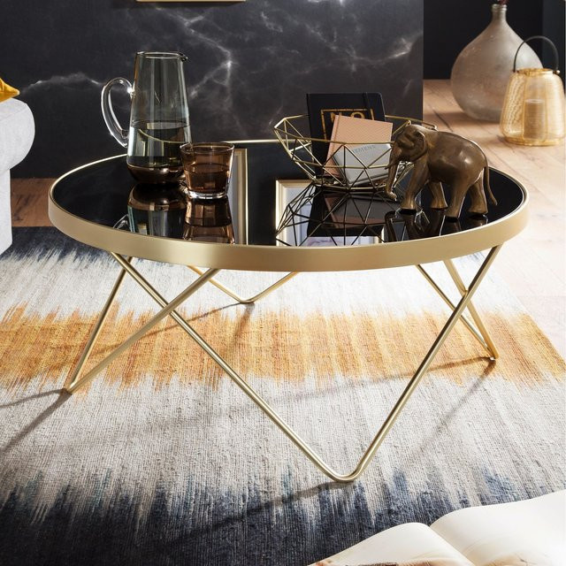 FineBuy Couchtisch Retro mit Glasplatte in Schwarz und Gold, rund, Durchmesser: 82 cm - Bild 1