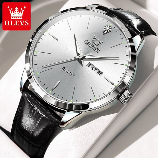 Olevs Armbanduhr Quarz, Leder, Silber, Herren - Bild 1