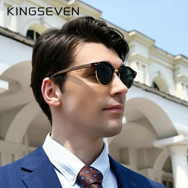 KINGSEVEN Sonnenbrille Rund, Holz, Vollrand, braun, Unisex, polarisiert - Bild 1